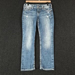 Silver Jeans Suki Mid Capris‎ Distressed Blue Embellished Pockets Womens 27 X29